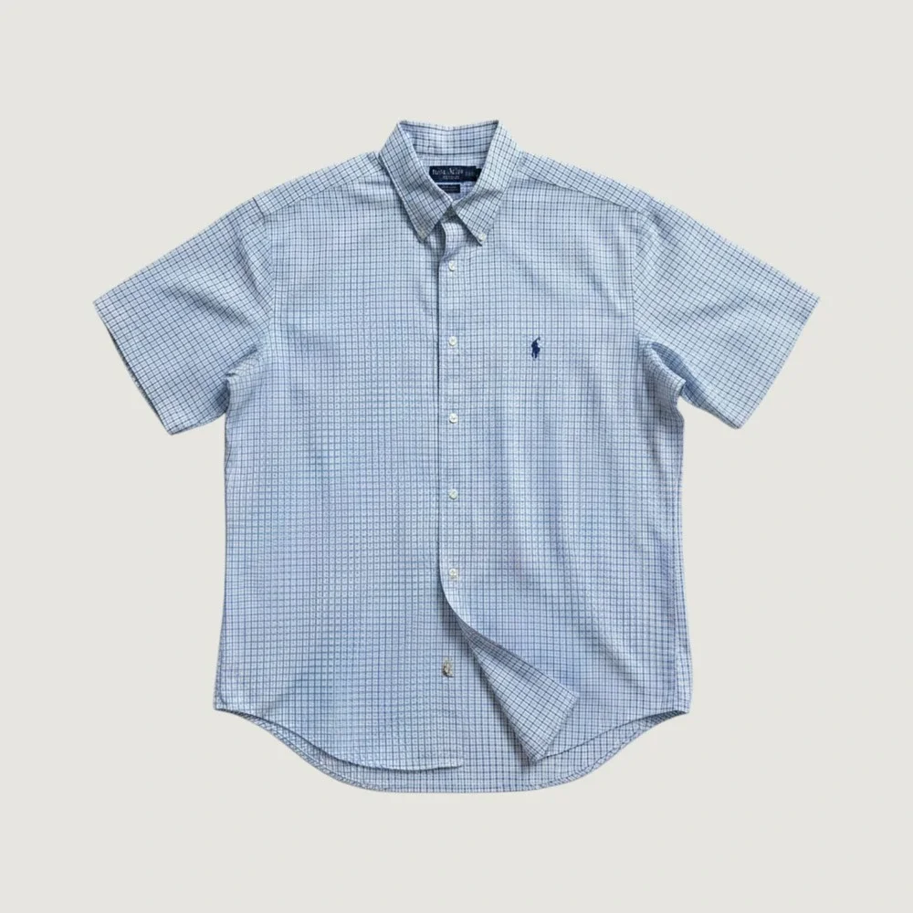 Polo Ralph Lauren Yarmouth Mens 16.5 Blue White Check Short Sleeve Button Down